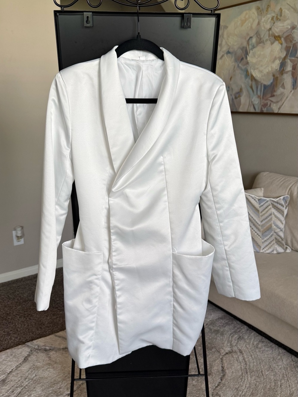 Women's White Satin Shawl-Collar Blazer Dress
